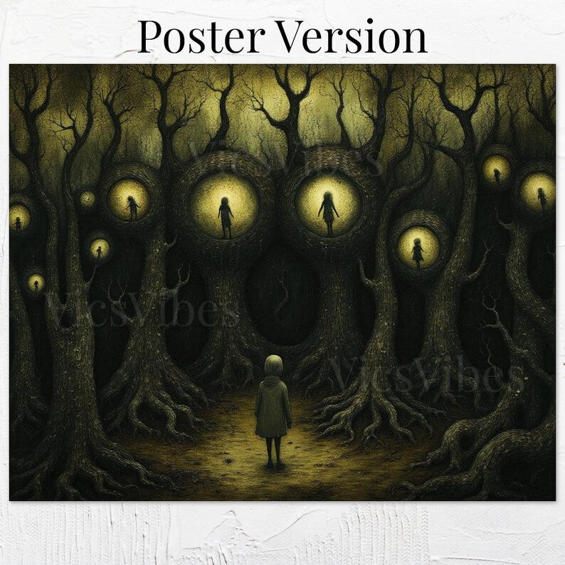 Surreal Dark Academia Metal Print Painting Haunting Figures in Trees Gothic Eerie Landscape Moody Wall Decor Framed Poster Print Artwork