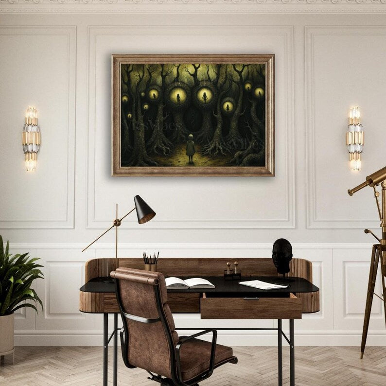 Surreal Dark Academia Metal Print Painting Haunting Figures in Trees Gothic Eerie Landscape Moody Wall Decor Framed Poster Print Artwork