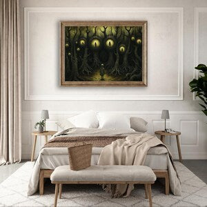 Surreal Dark Academia Metal Print Painting Haunting Figures in Trees Gothic Eerie Landscape Moody Wall Decor Framed Poster Print Artwork