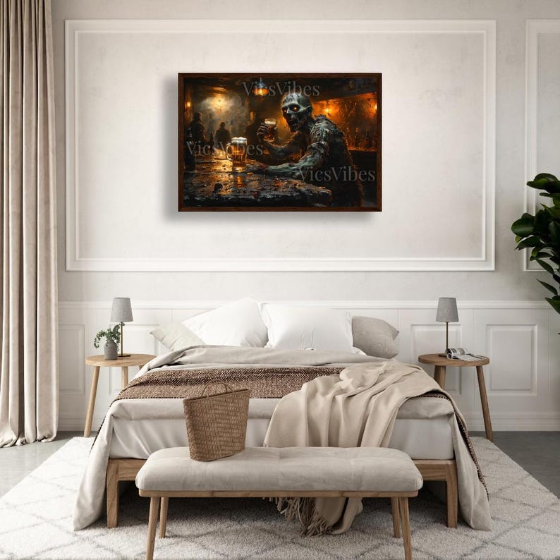 Undead Zombie Bar Scene Wall Art Halloween Gothic Decor Poster Canvas or Framed Print for Haunted Homes