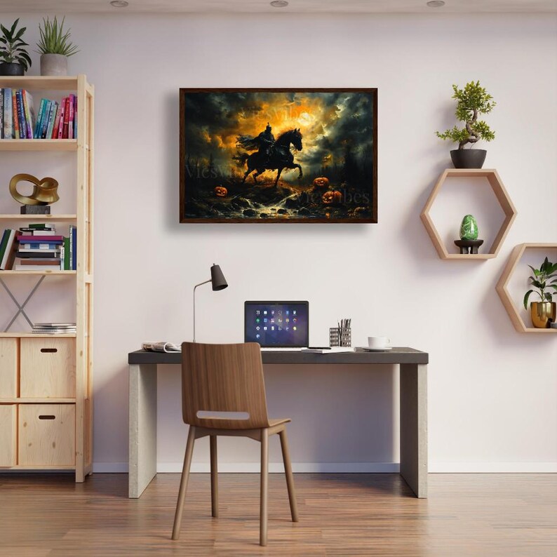 Headless Horseman Wall Art Halloween Gothic Decor Moonlit Scene Poster Canvas Jack-O'-Lanterns Framed Print Spooky Night Spooky Art