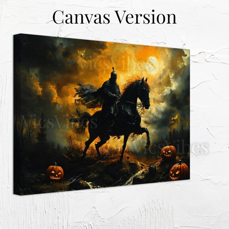 Headless Horseman Wall Art Halloween Gothic Decor Moonlit Scene Poster Canvas Jack-O'-Lanterns Framed Print Spooky Night Spooky Art