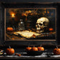 Skull Art Canvas Halloween Decor Spooky Gothic Still Life Candle Autumn Leaves Pumpkin Dark Fall Wall Art Framed Poster