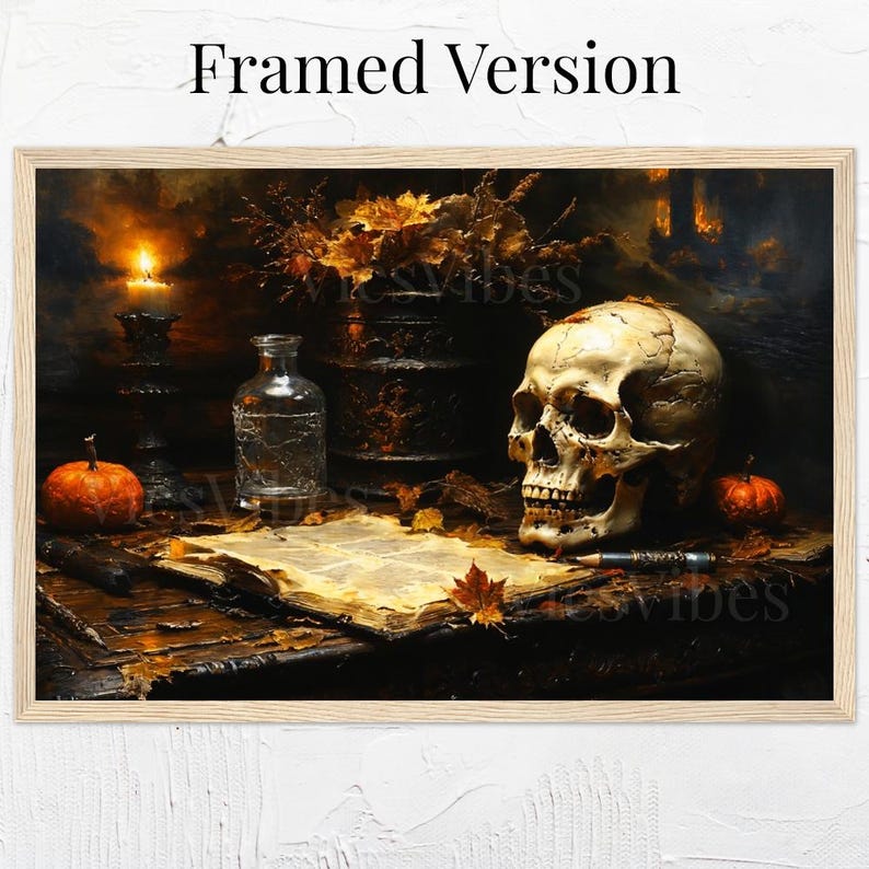 Skull Art Canvas Halloween Decor Spooky Gothic Still Life Candle Autumn Leaves Pumpkin Dark Fall Wall Art Framed Poster