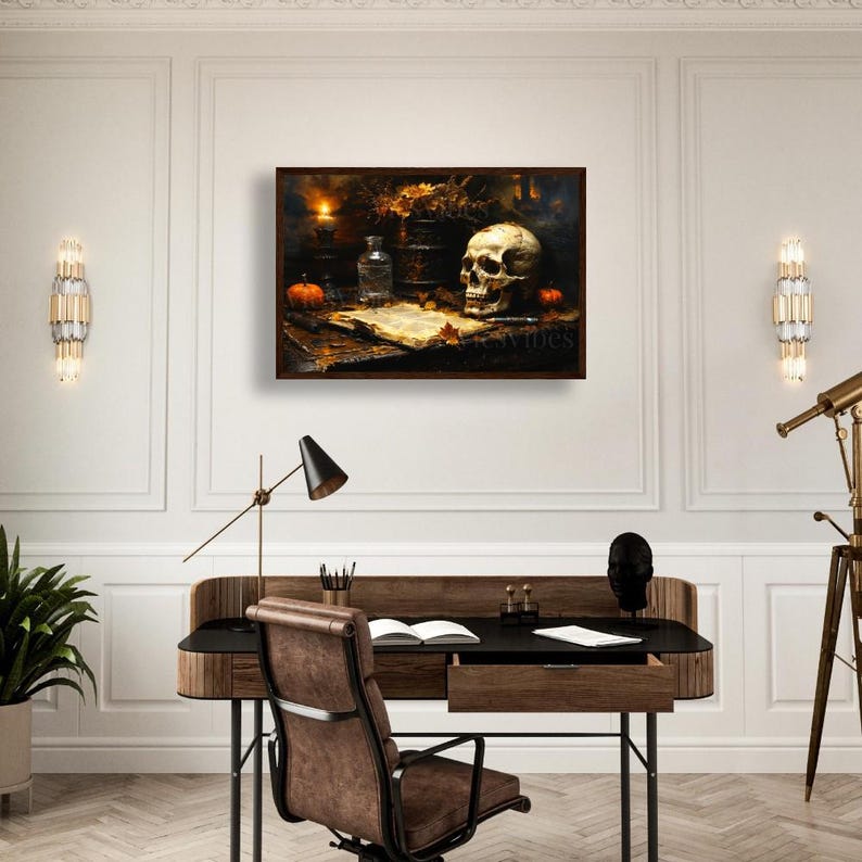 Skull Art Canvas Halloween Decor Spooky Gothic Still Life Candle Autumn Leaves Pumpkin Dark Fall Wall Art Framed Poster