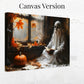 Ghost Art Print Halloween Decor Gothic Canvas Spooky Autumn Scene Ghost Reading Pumpkin Fall Leaves Framed Wall Art Cozy Home Decor