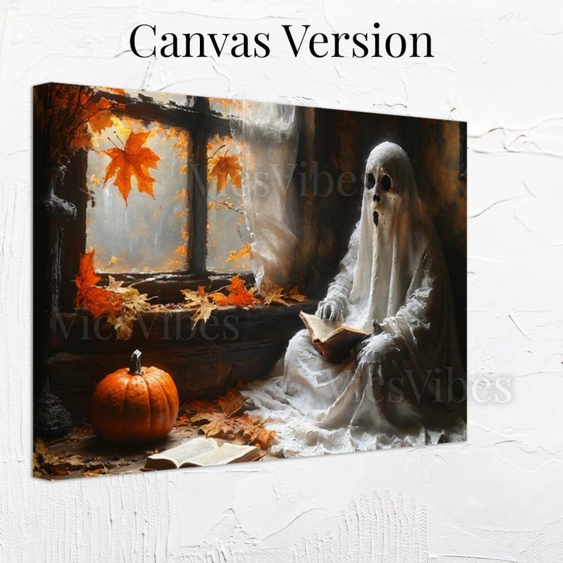 Ghost Art Print Halloween Decor Gothic Canvas Spooky Autumn Scene Ghost Reading Pumpkin Fall Leaves Framed Wall Art Cozy Home Decor