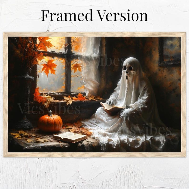 Ghost Art Print Halloween Decor Gothic Canvas Spooky Autumn Scene Ghost Reading Pumpkin Fall Leaves Framed Wall Art Cozy Home Decor