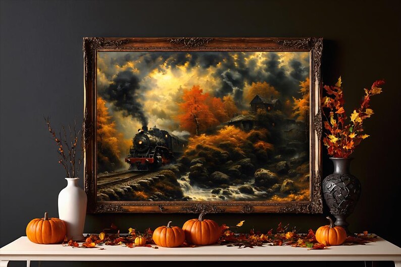Train Landscape Wall Art Autumn Steam Train Poster Fall Forest Scene Cozy Cabin Wall Decor Framed Rustic Stream Painting Canvas Print