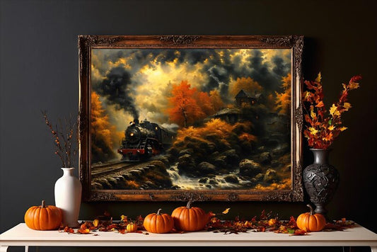 Train Landscape Wall Art Autumn Steam Train Poster Fall Forest Scene Cozy Cabin Wall Decor Framed Rustic Stream Painting Canvas Print