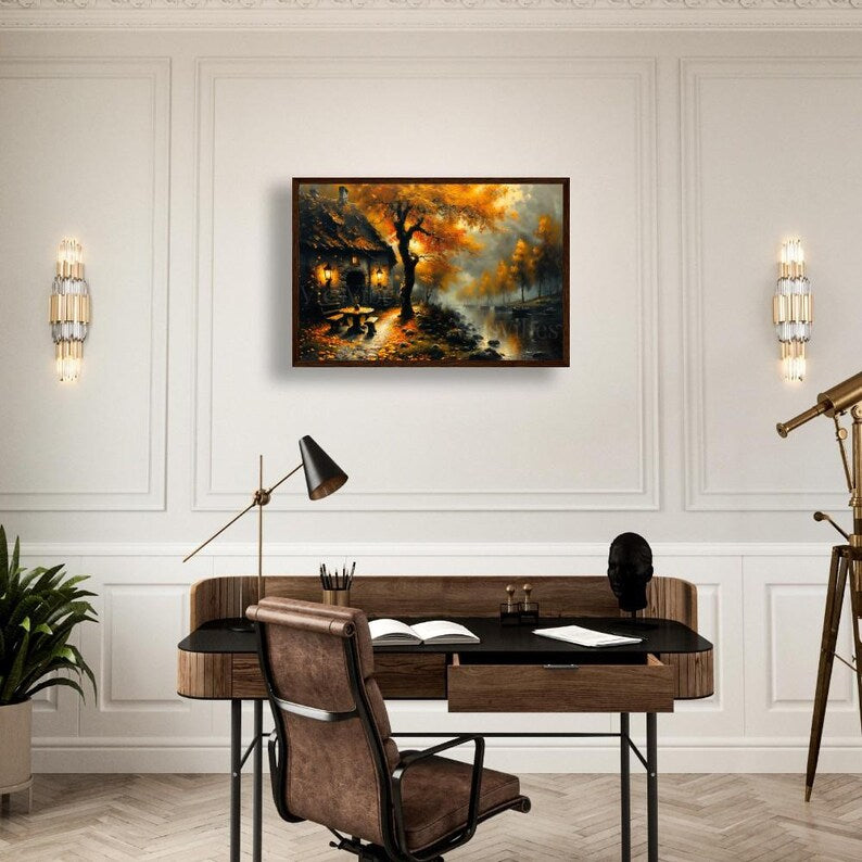 Rustic House Wall Art Fall River Scene Autumn Lanterns Framed Cozy Cabin Warm Trees Misty Dusk Landscape Poster Canvas Print Home Decor