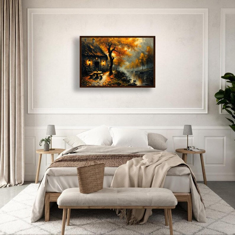 Rustic House Wall Art Fall River Scene Autumn Lanterns Framed Cozy Cabin Warm Trees Misty Dusk Landscape Poster Canvas Print Home Decor