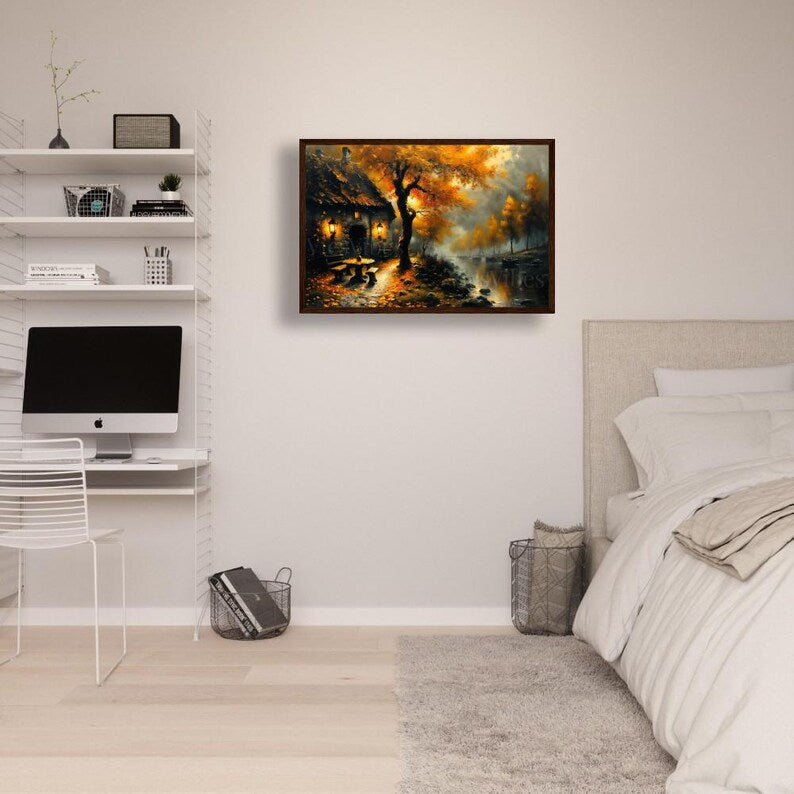 Rustic House Wall Art Fall River Scene Autumn Lanterns Framed Cozy Cabin Warm Trees Misty Dusk Landscape Poster Canvas Print Home Decor