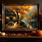 Rustic House Wall Art Fall River Scene Autumn Lanterns Framed Cozy Cabin Warm Trees Misty Dusk Landscape Poster Canvas Print Home Decor