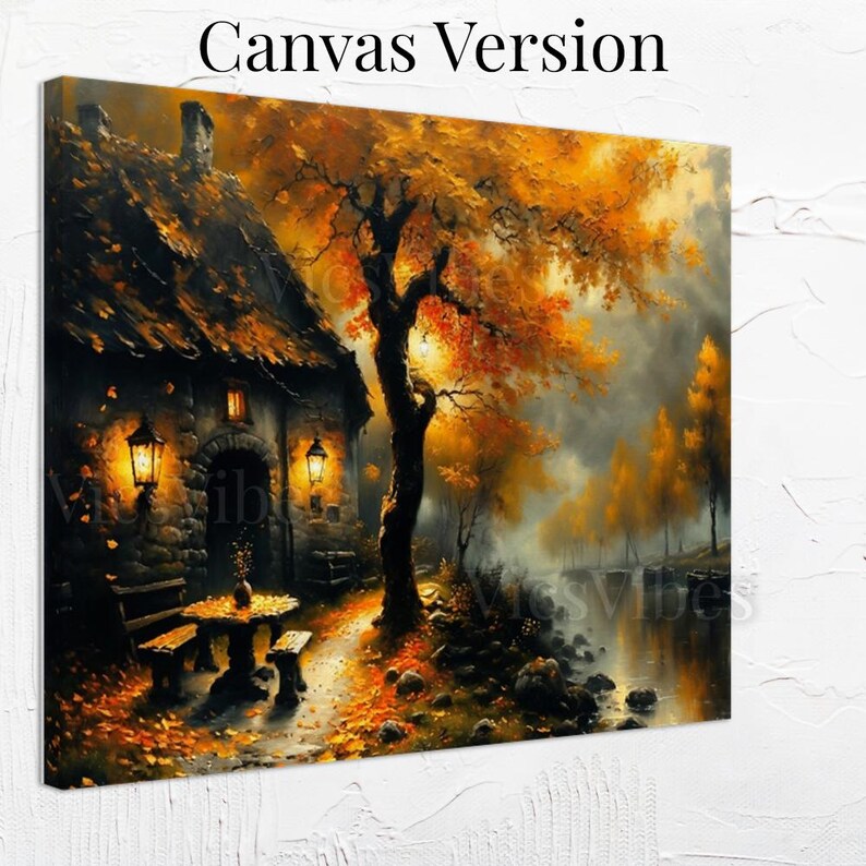 Rustic House Wall Art Fall River Scene Autumn Lanterns Framed Cozy Cabin Warm Trees Misty Dusk Landscape Poster Canvas Print Home Decor