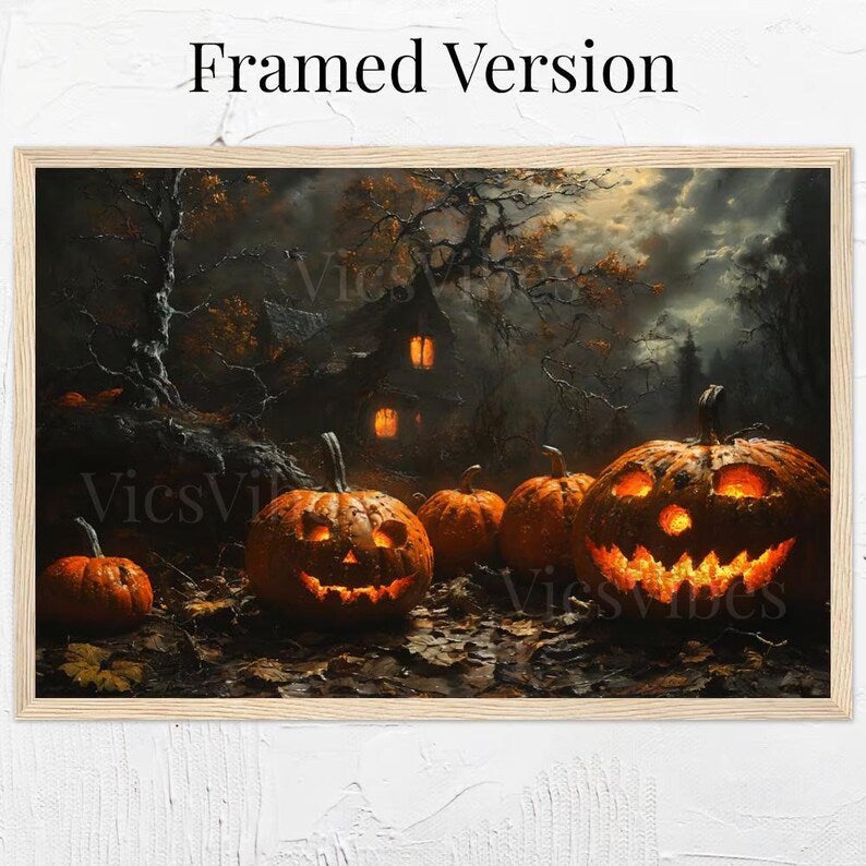 Spooky Halloween Wall Art Jack-o'-Lantern Haunted House Poster Gothic Fall Decor Framed Pumpkins Eerie Scene Dark Landscape Canvas Print