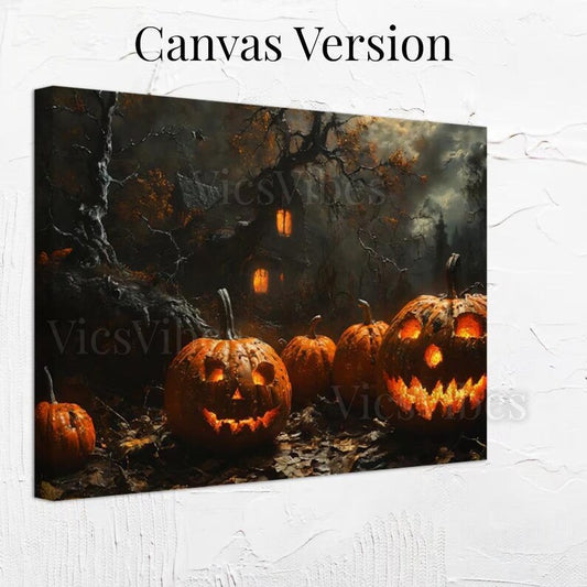 Spooky Halloween Wall Art Jack-o'-Lantern Haunted House Poster Gothic Fall Decor Framed Pumpkins Eerie Scene Dark Landscape Canvas Print