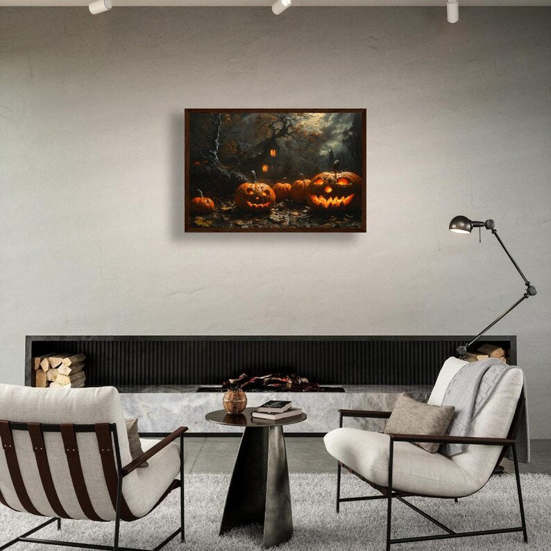 Spooky Halloween Wall Art Jack-o'-Lantern Haunted House Poster Gothic Fall Decor Framed Pumpkins Eerie Scene Dark Landscape Canvas Print