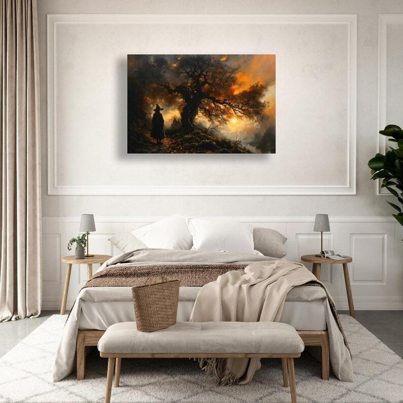 Witch Wall Art Gothic Landscape Twisted Tree Sunset Scene Spooky Halloween Decor Framed Dark Fantasy Eerie Poster Canvas Print