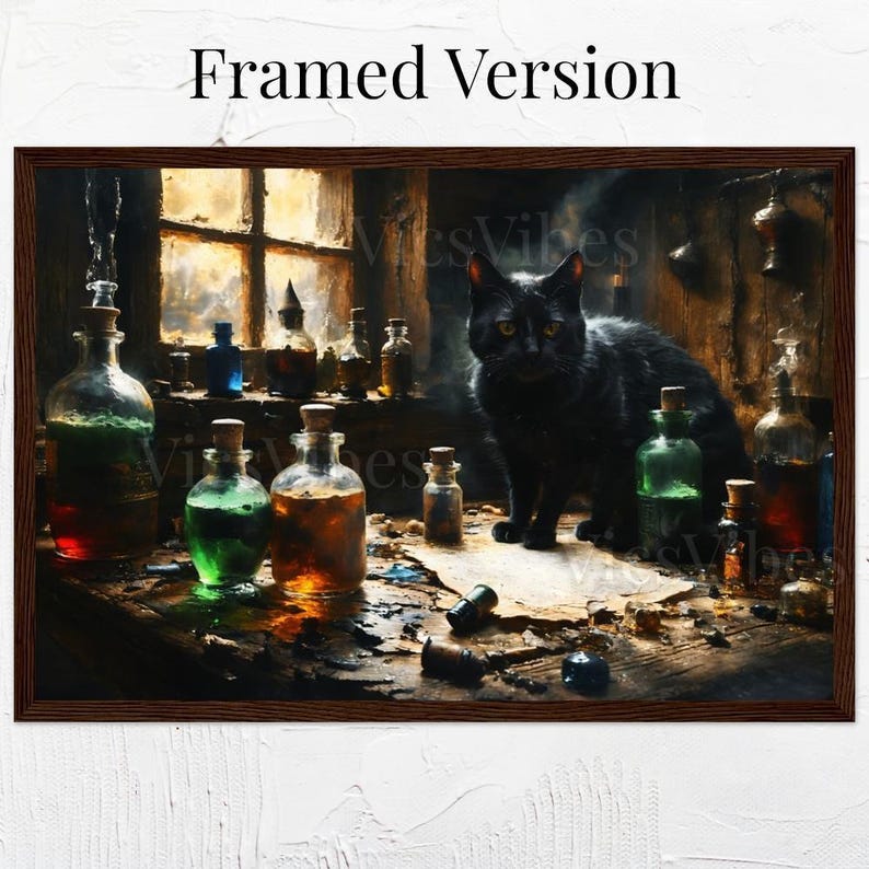 Halloween Black Cat Wall Art Rustic Cabin Scene Witchy Decor Warm Fall Light Framed Glass Bottles Cozy Home Poster Canvas Print