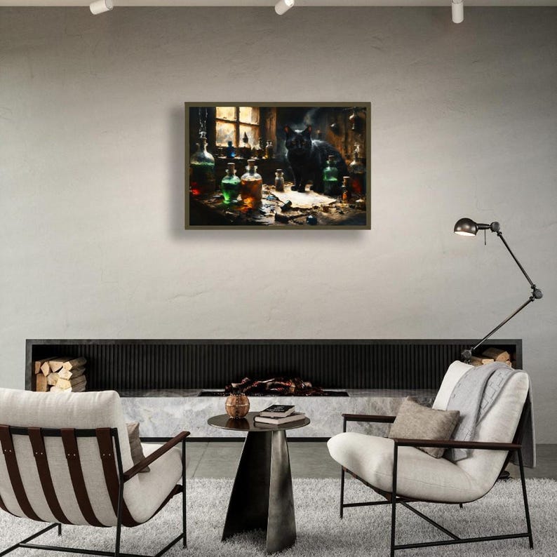Halloween Black Cat Wall Art Rustic Cabin Scene Witchy Decor Warm Fall Light Framed Glass Bottles Cozy Home Poster Canvas Print