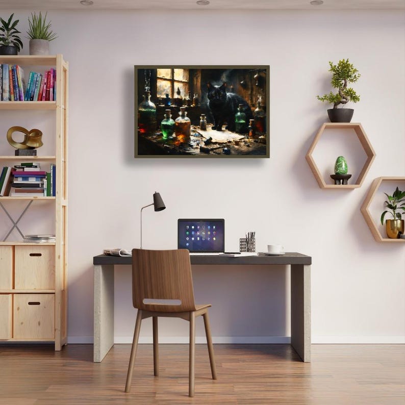 Halloween Black Cat Wall Art Rustic Cabin Scene Witchy Decor Warm Fall Light Framed Glass Bottles Cozy Home Poster Canvas Print