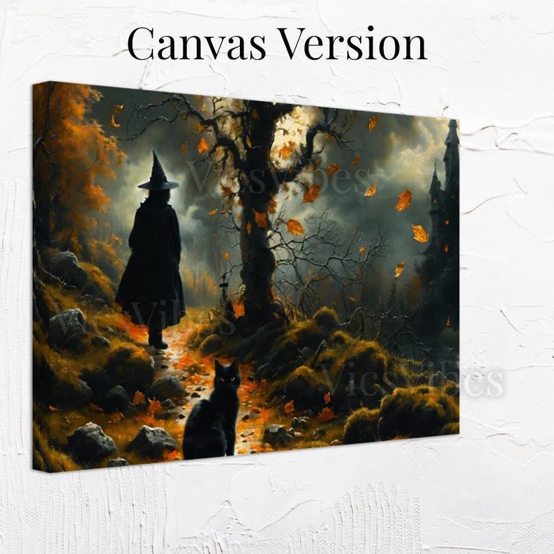 Witch and Black Cat Wall Art Gothic Castle Scene Eerie Fall Landscape Halloween Framed Decor Spooky Poster Autumn Leaves Dark Fantasy