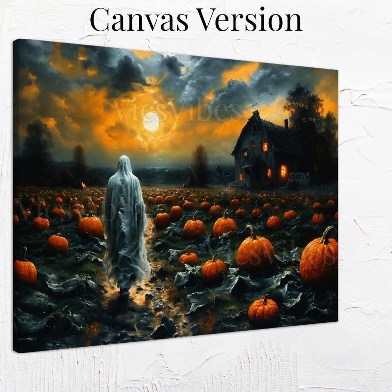 Spooky Ghost Wall Art Haunted House Pumpkin Patch Scene Full Moon Halloween Decor Framed Eerie Fall Poster Gothic Dark Canvas Print