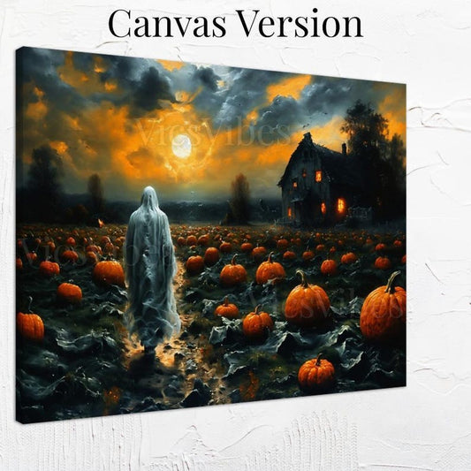 Spooky Ghost Wall Art Haunted House Pumpkin Patch Scene Full Moon Halloween Decor Framed Eerie Fall Poster Gothic Dark Canvas Print