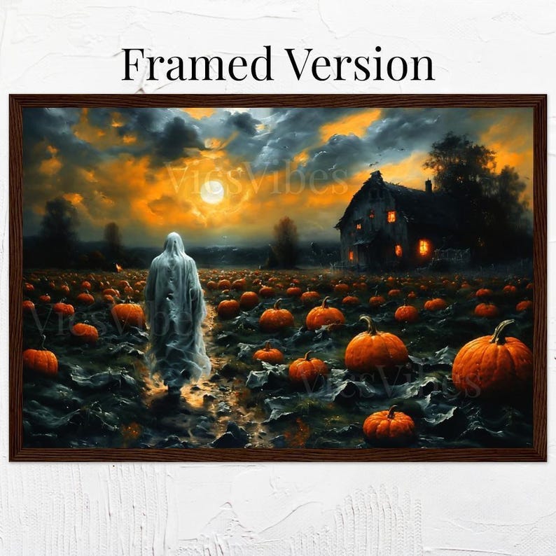 Spooky Ghost Wall Art Haunted House Pumpkin Patch Scene Full Moon Halloween Decor Framed Eerie Fall Poster Gothic Dark Canvas Print