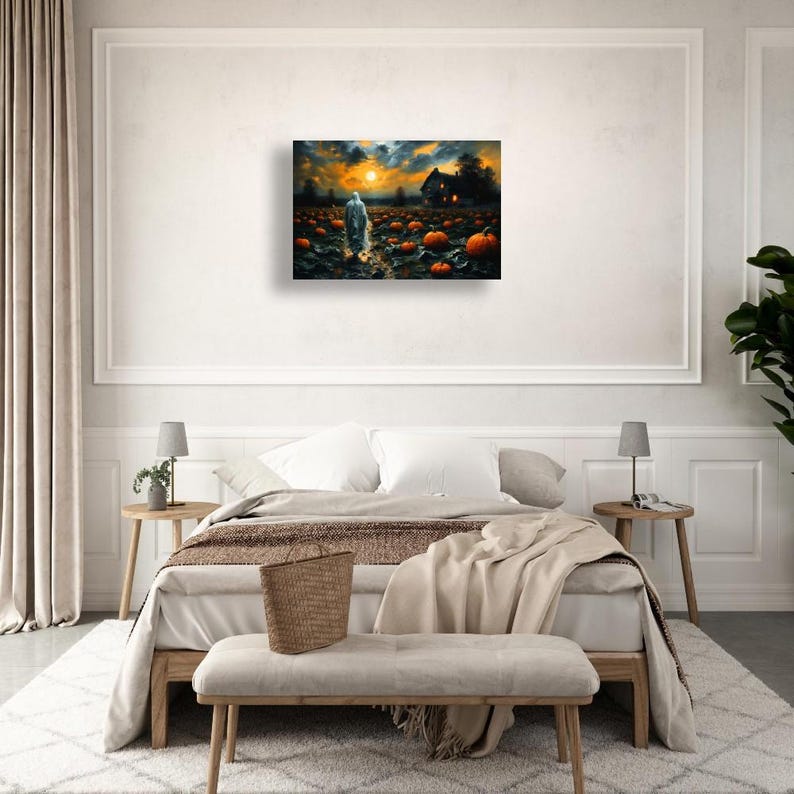 Spooky Ghost Wall Art Haunted House Pumpkin Patch Scene Full Moon Halloween Decor Framed Eerie Fall Poster Gothic Dark Canvas Print