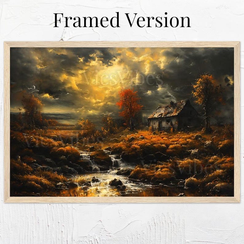 Fall Landscape Wall Art Autumn Landscape Scene Flowing Stream Framed Fall Poster Cozy Nature Decor Moody Sky Trees Canvas Print