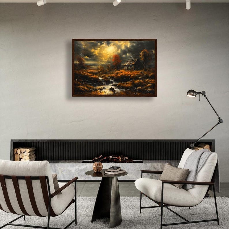 Fall Landscape Wall Art Autumn Landscape Scene Flowing Stream Framed Fall Poster Cozy Nature Decor Moody Sky Trees Canvas Print