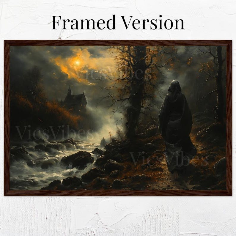 Haunted Path Wall Art Ghostly Figure Scene Framed Poster Moonlit Night Eerie Landscape Spooky Decor Haunted House Canvas Print