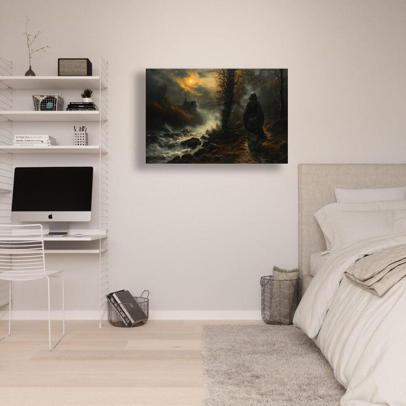 Haunted Path Wall Art Ghostly Figure Scene Framed Poster Moonlit Night Eerie Landscape Spooky Decor Haunted House Canvas Print