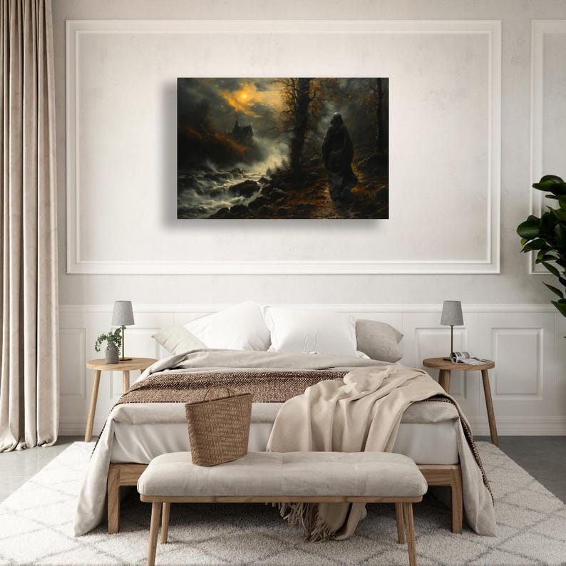 Haunted Path Wall Art Ghostly Figure Scene Framed Poster Moonlit Night Eerie Landscape Spooky Decor Haunted House Canvas Print