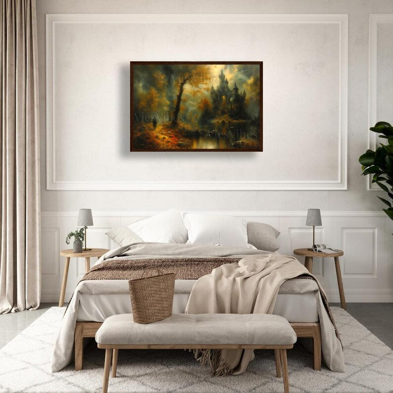 Fantasy Castle Fall Landscape Wall Art Gothic Fantasy Poster Canvas or Framed Art for Autumn Home Decor