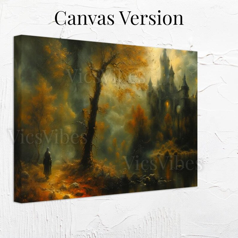 Fantasy Castle Fall Landscape Wall Art Gothic Fantasy Poster Canvas or Framed Art for Autumn Home Decor