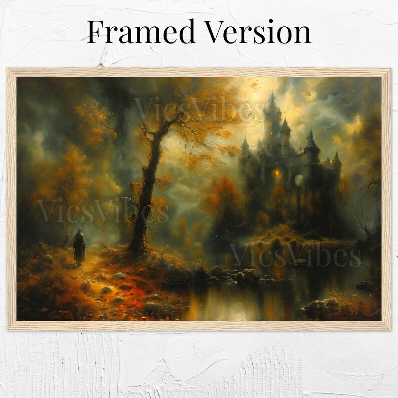 Fantasy Castle Fall Landscape Wall Art Gothic Fantasy Poster Canvas or Framed Art for Autumn Home Decor