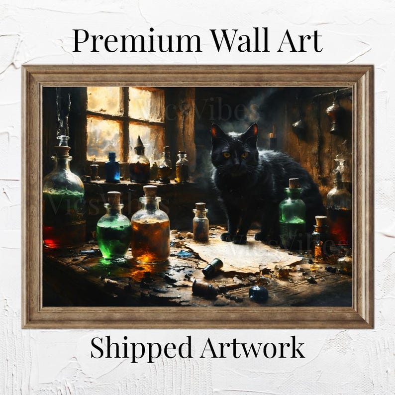 Halloween Black Cat Wall Art Rustic Cabin Scene Witchy Decor Warm Fall Light Framed Glass Bottles Cozy Home Poster Canvas Print