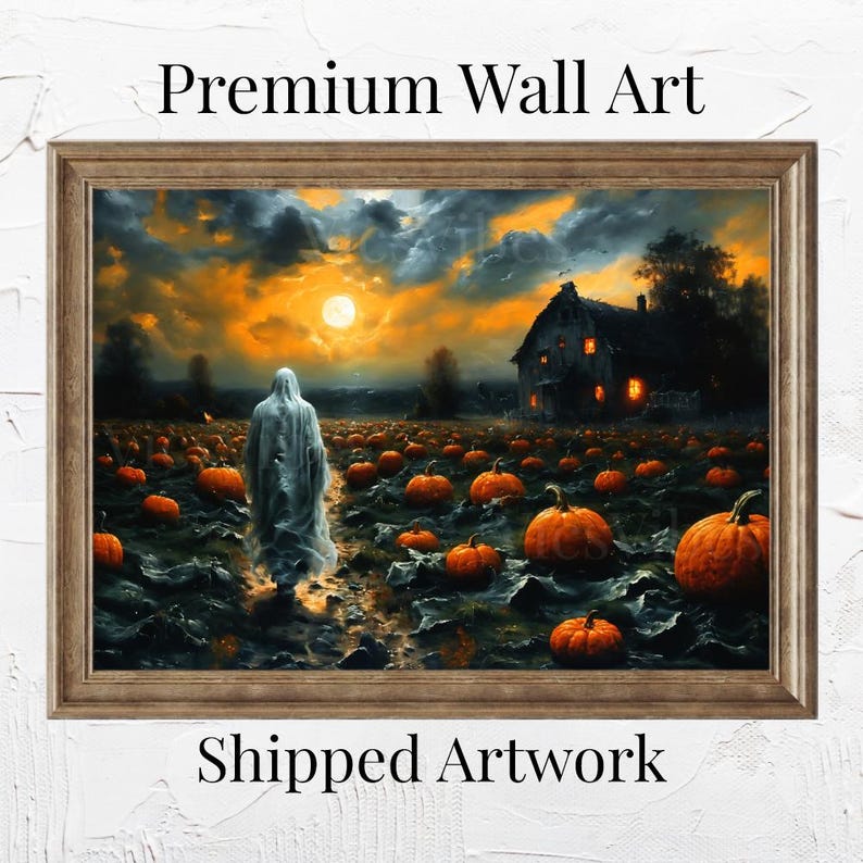 Spooky Ghost Wall Art Haunted House Pumpkin Patch Scene Full Moon Halloween Decor Framed Eerie Fall Poster Gothic Dark Canvas Print