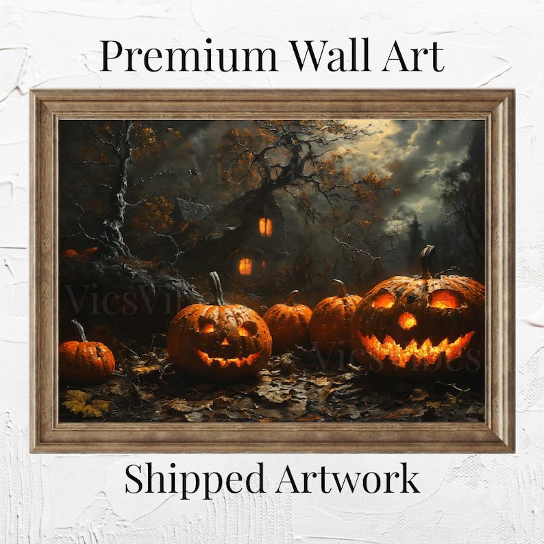 Spooky Halloween Wall Art Jack-o'-Lantern Haunted House Poster Gothic Fall Decor Framed Pumpkins Eerie Scene Dark Landscape Canvas Print