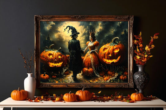 Vintage Halloween Pumpkin Couple | Gothic Jack-o’-Lantern Art | Spooky Decor | Fantasy Fine Art | Print and Ship