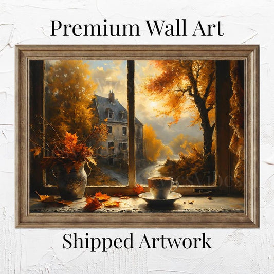 Vintage Fall Window Art | Rustic Autumn Coffee Scene | Moody Gothic Home Decor | Fall Printable | Framed Canvas or Poster