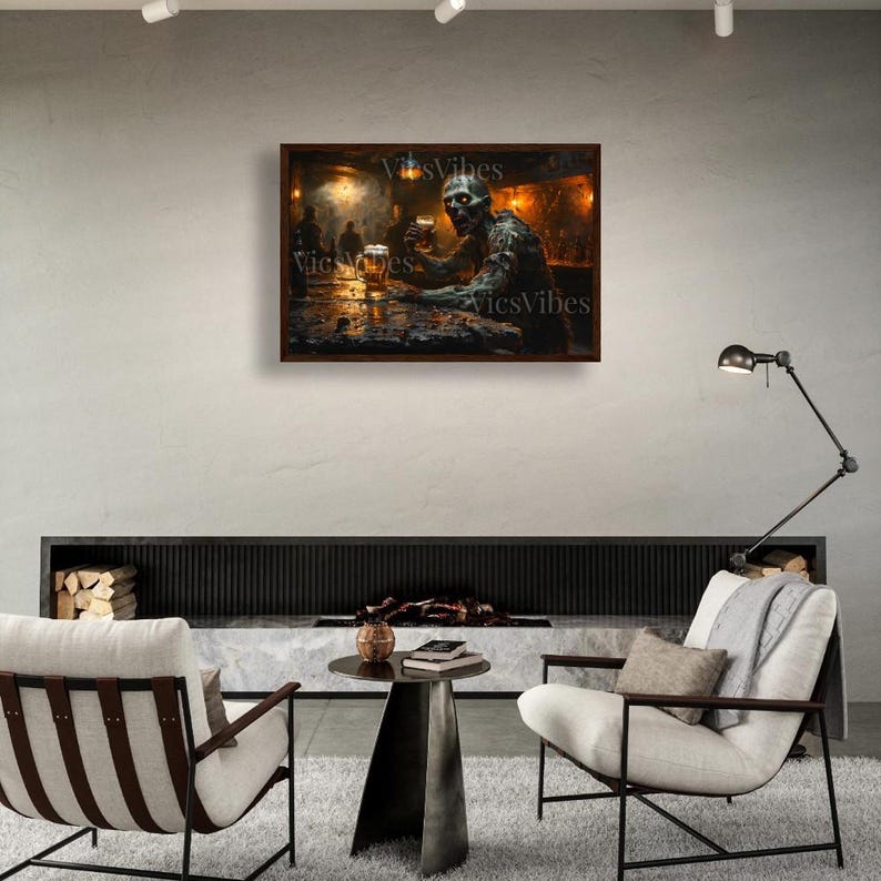 Undead Zombie Bar Scene Wall Art Halloween Gothic Decor Poster Canvas or Framed Print for Haunted Homes