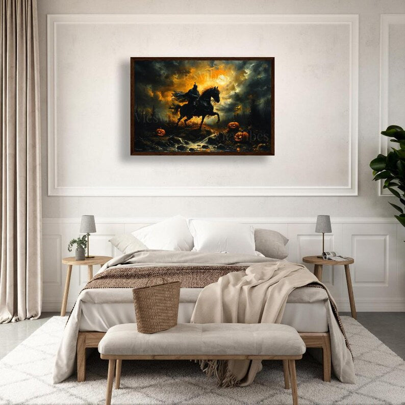 Headless Horseman Wall Art Halloween Gothic Decor Moonlit Scene Poster Canvas Jack-O'-Lanterns Framed Print Spooky Night Spooky Art