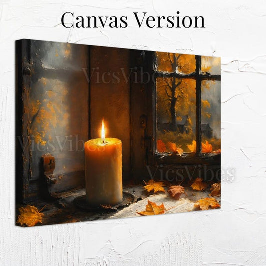 Rustic Candle Wall Art Cozy Autumn Window Fall Leaves Poster Canvas Misty Cottage Landscape Framed Print Warm Home Decor Framed Canvas