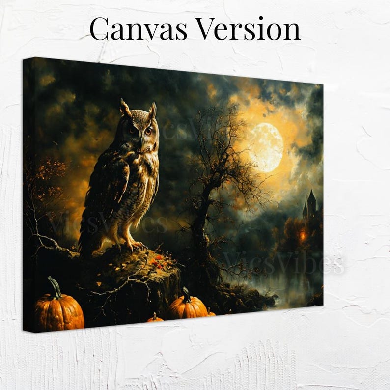 Vintage Owl Painting | Owl and Moon Painting | Gothic Halloween Wall Art | Vintage Oil Painting | Rustic Fine Art | Print and Ship