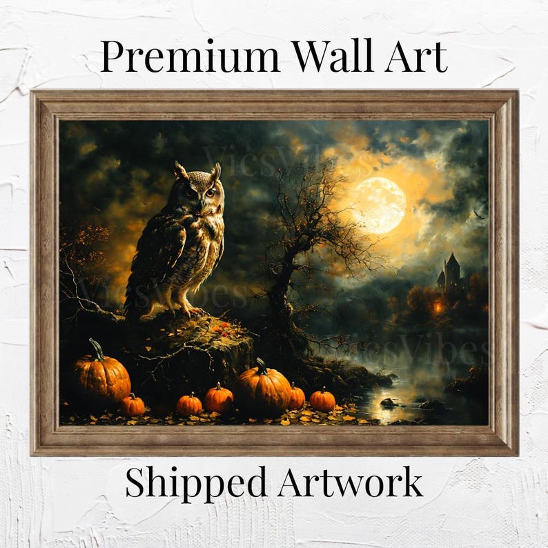 Vintage Owl Painting | Owl and Moon Painting | Gothic Halloween Wall Art | Vintage Oil Painting | Rustic Fine Art | Print and Ship