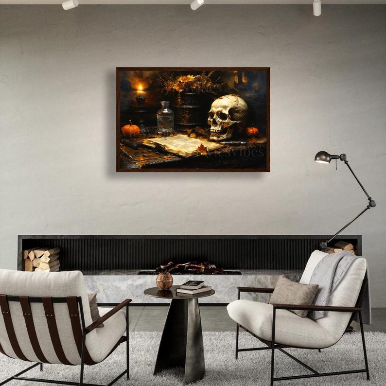 Skull Art Canvas Halloween Decor Spooky Gothic Still Life Candle Autumn Leaves Pumpkin Dark Fall Wall Art Framed Poster